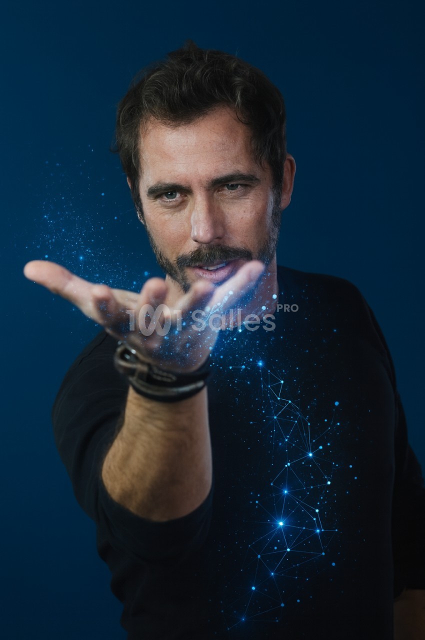 Homme tendant la main avec des effets lumineux et des motifs de connexion sur fond bleu.