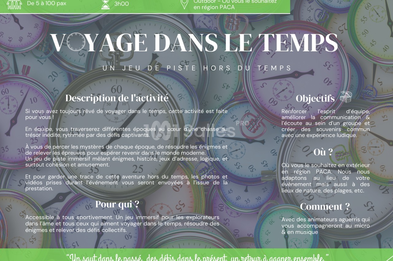 Image présentant une affiche promotionnelle pour un jeu d'équipe sur le thème du voyage dans le temps, avec textes…
