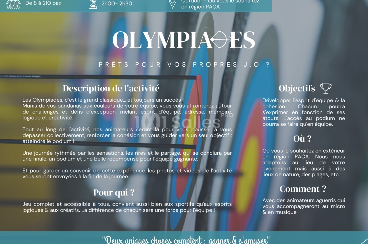 Un document promotionnel décrivant une activité d'olympiades en équipe, avec objectifs, public cible et modalités.