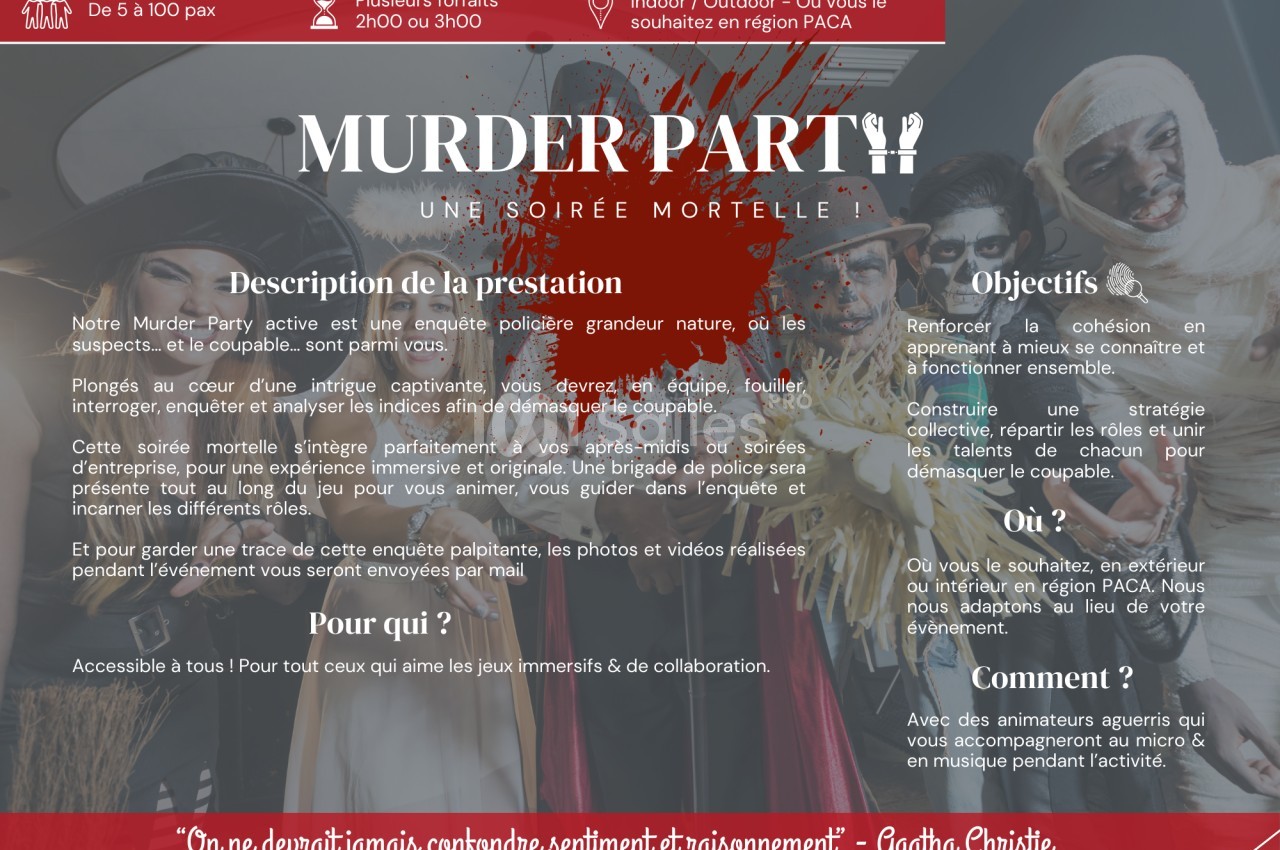 Image promotionnelle décrivant une soirée Murder Party avec détails sur l'activité, les objectifs et les modalités d…