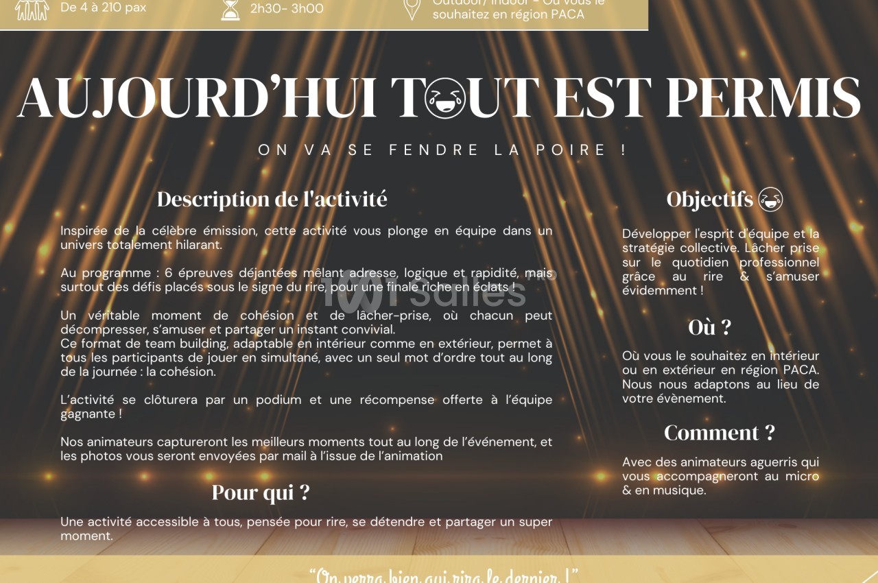 Des lumières dorées éclairent un fond sombre avec du texte décrivant une activité ludique en équipe et ses objectifs.