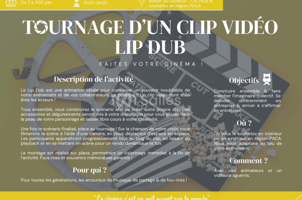 Visuel promotionnel décrivant une activité de tournage de clip vidéo Lip Dub, avec détails sur objectifs et public cible.