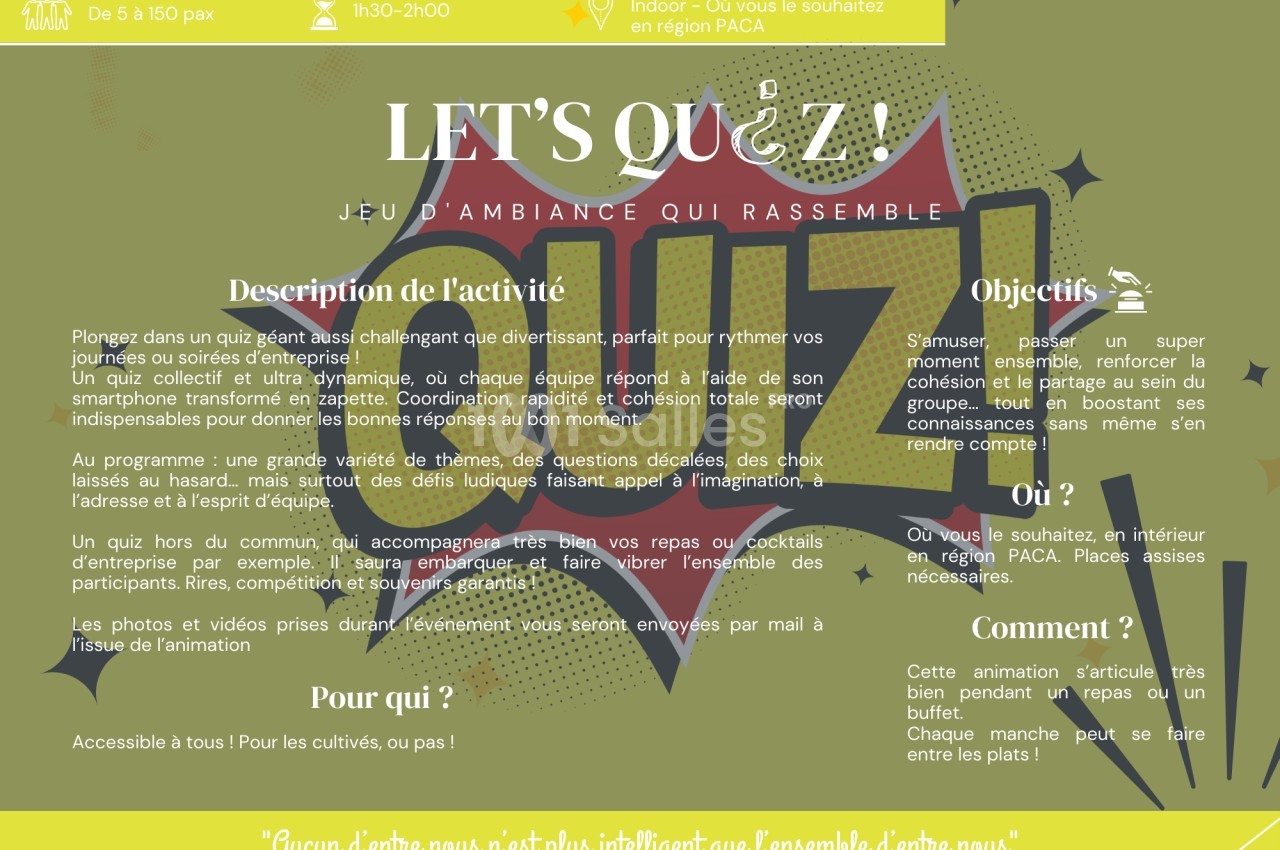 Image contenant une présentation d'un jeu de quiz collectif avec description, objectifs, lieux, et modalités de…
