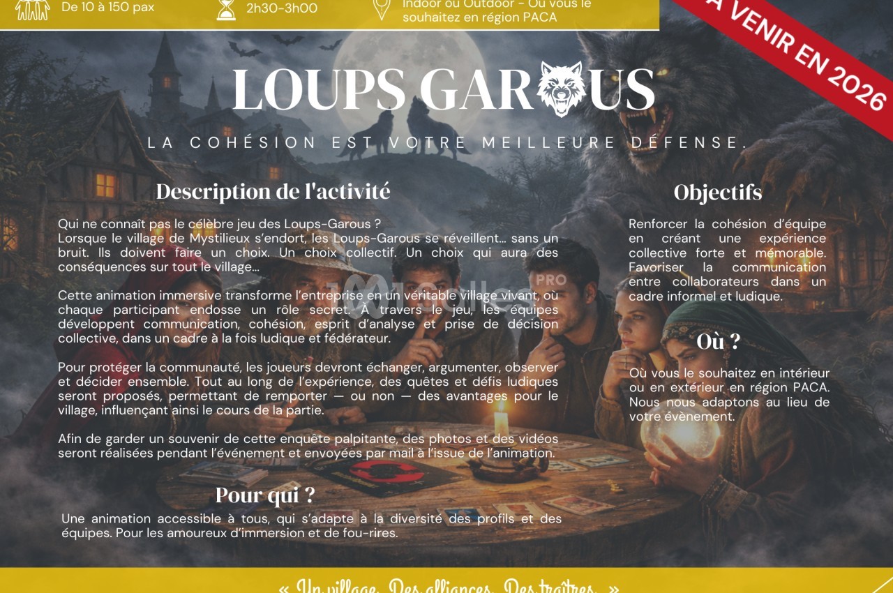 Un groupe de personnes dans un décor médiéval nocturne illustrant le jeu des Loups-Garous et ses objectifs.