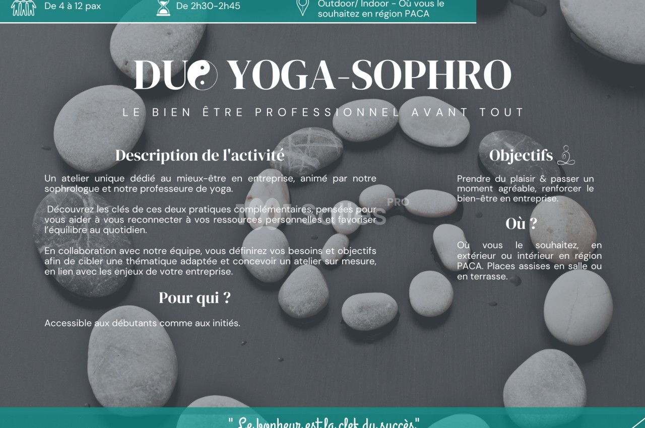 Un visuel présentant une offre de yoga et sophrologie pour professionnels, avec détails sur objectifs et public cible.