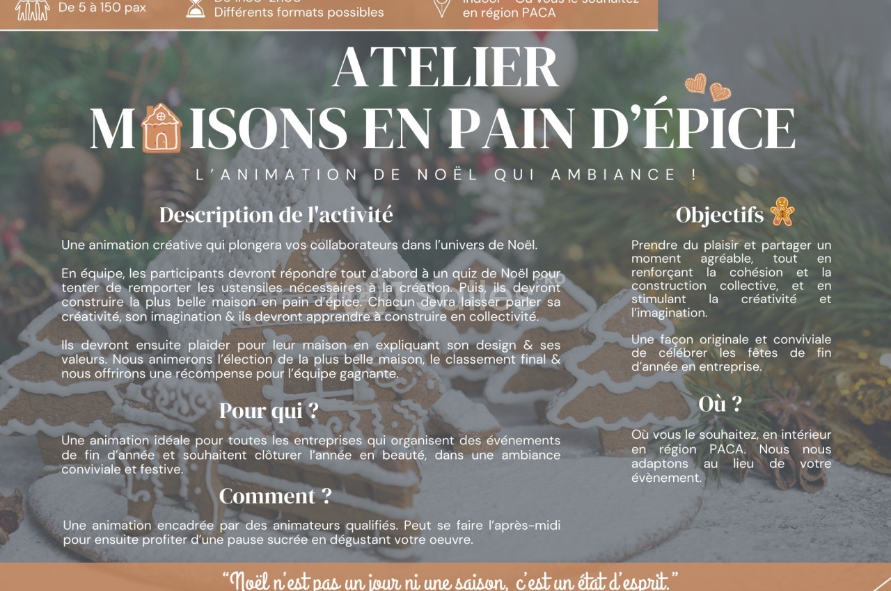 Visuel décrivant une animation d'atelier de création de maisons en pain d'épice pour les fêtes de Noël.