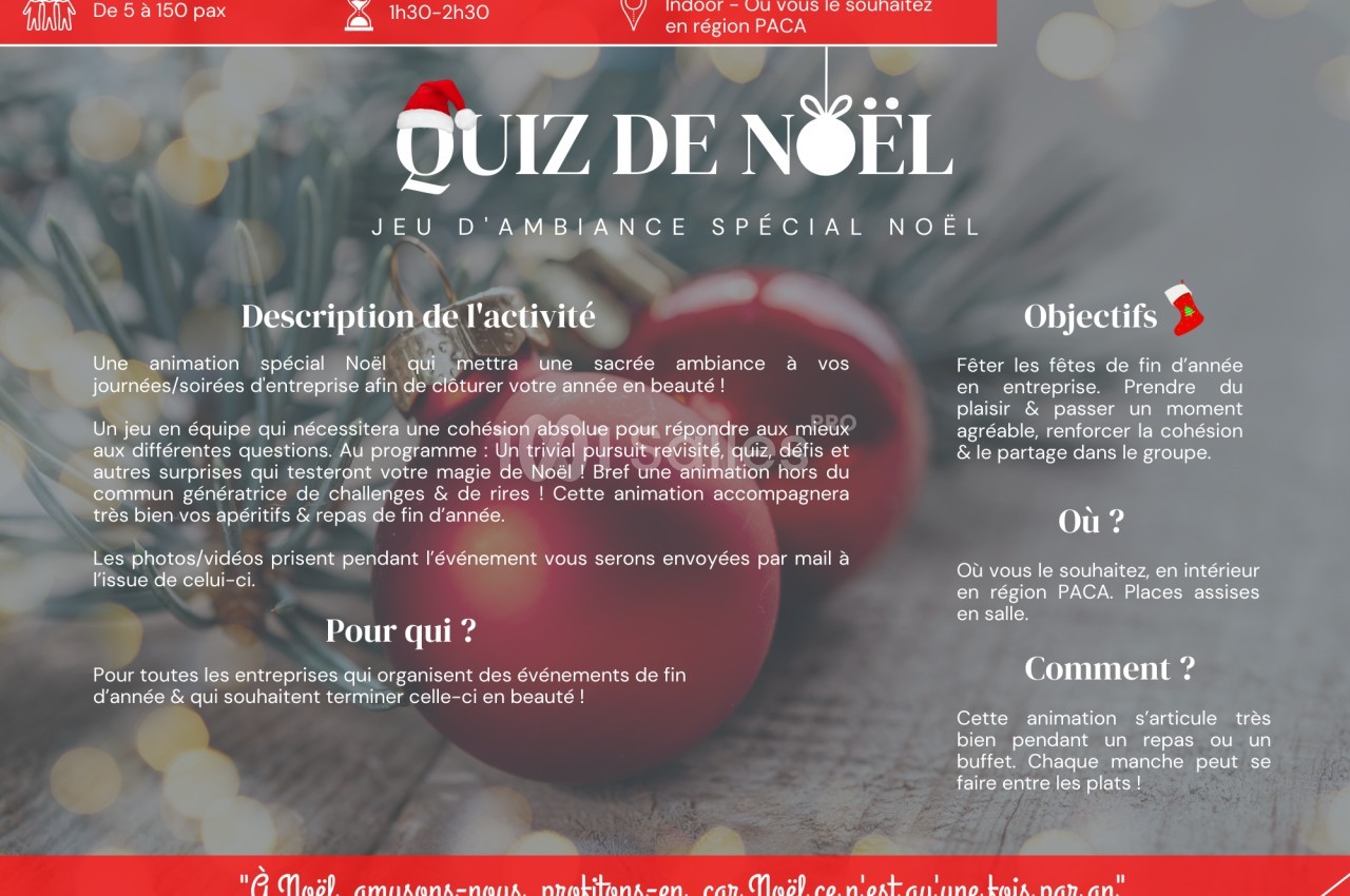 Une affiche promotionnelle décrivant une animation de quiz sur le thème de Noël, avec détails sur l'activité et les…