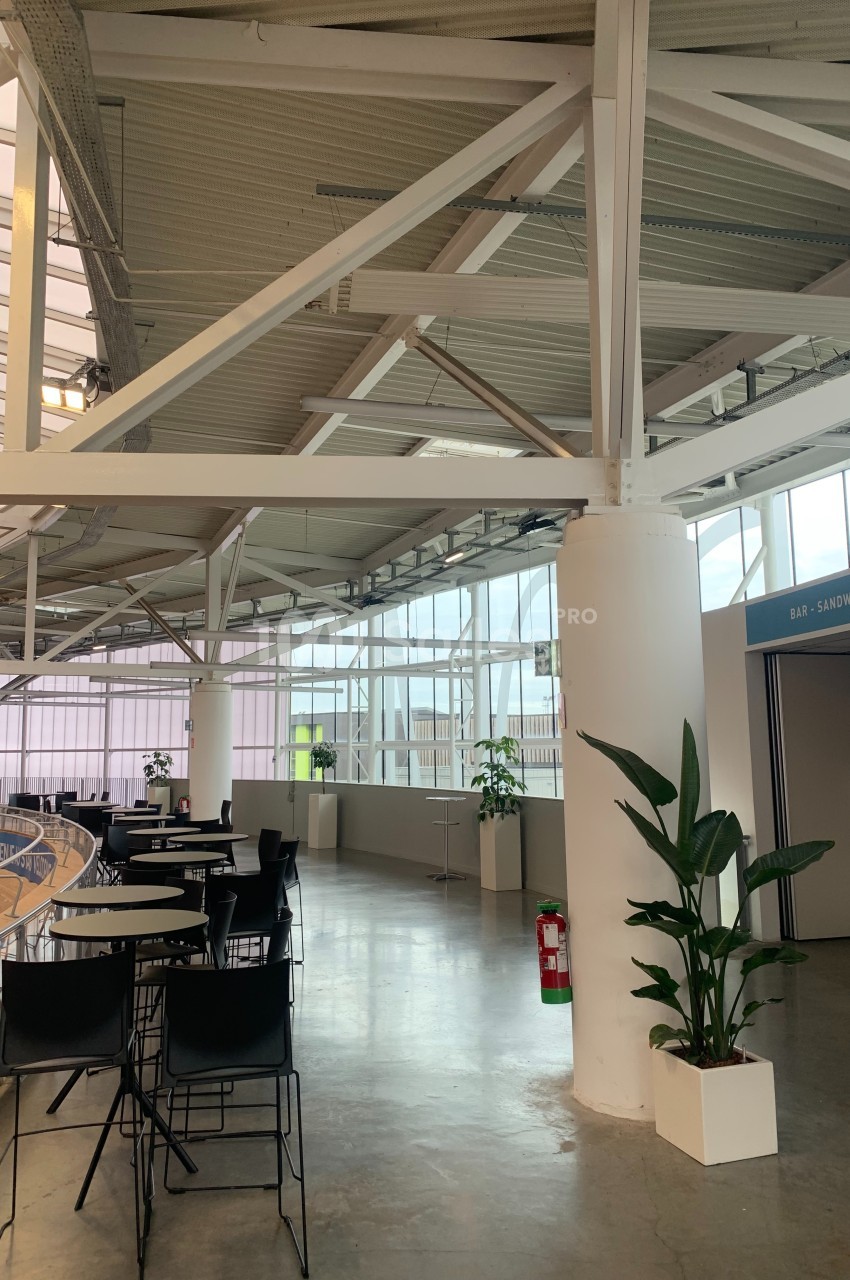 Espace lumineux avec tables, chaises noires, plantes en pot et structure métallique apparente sous un toit vitré.