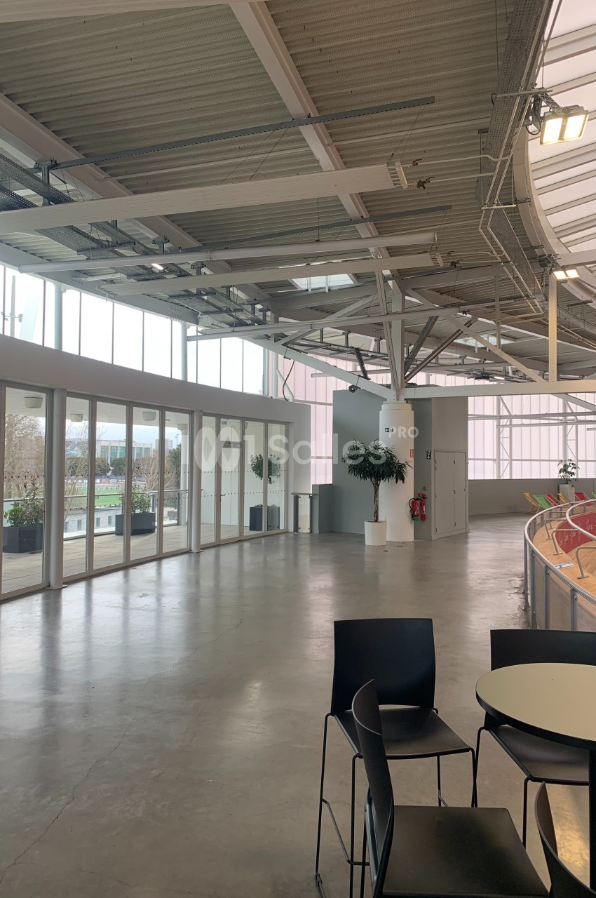Salle lumineuse avec de grandes baies vitrées, des tables et chaises noires, et des plantes en décoration.
