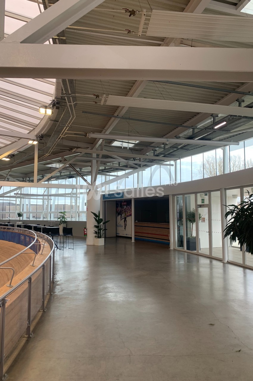 Intérieur lumineux d'un bâtiment avec une piste en bois, des baies vitrées et des plantes en pot.
