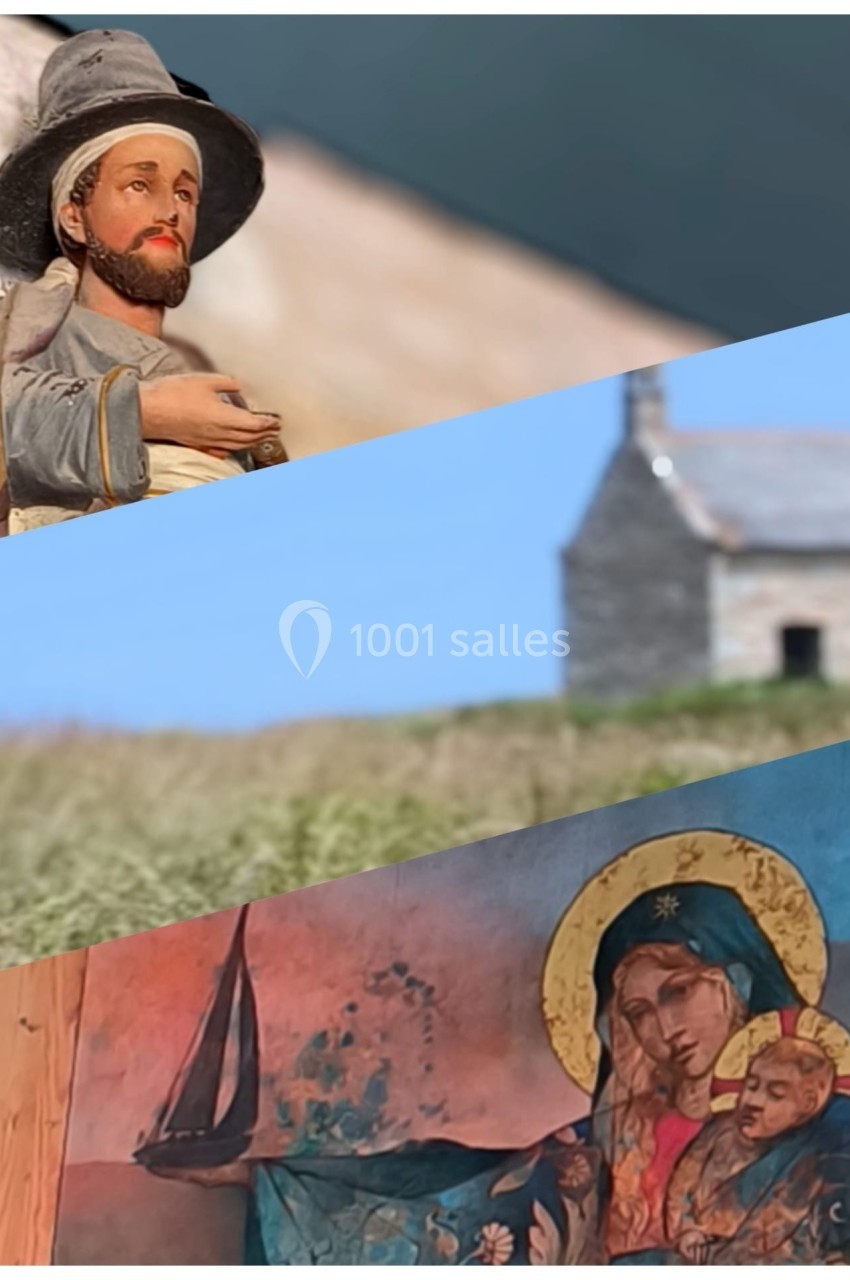 Statue d'un homme, paysage avec maison en pierre, et peinture de la Vierge à l'Enfant avec un bateau.