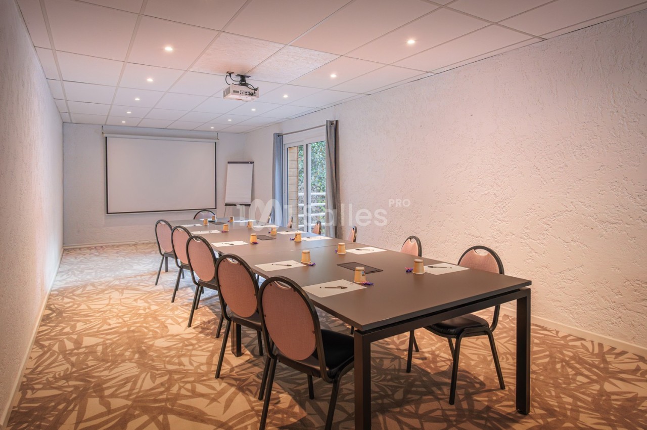Salle de réunion équipée d'une table rectangulaire, chaises, vidéoprojecteur, écran, paperboard et lumière naturelle.