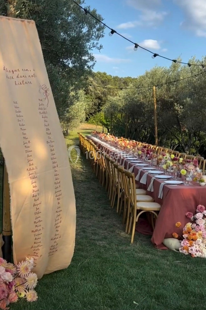 Table de réception en extérieur avec nappes roses, décor floral et panneau listant des noms sous des guirlandes lumineuses.