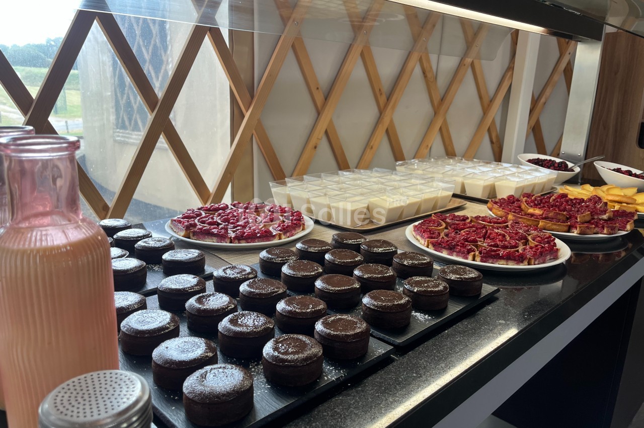 Buffet de desserts avec gâteaux au chocolat, verrines, fruits rouges et pichet de boisson rose sur un comptoir.