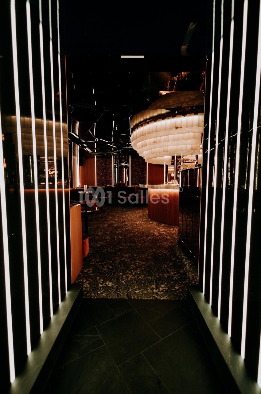 Entrée sombre d'un espace moderne avec éclairage linéaire et mobilier en bois dans un décor élégant.