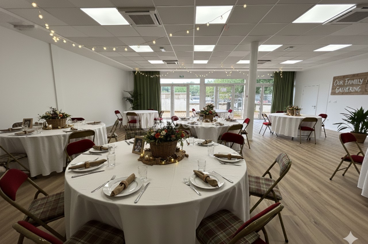 Salle décorée pour un événement avec des tables rondes dressées, chaises rouges et guirlandes lumineuses suspendues.