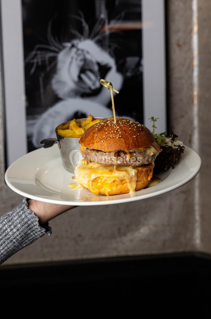 Assiette contenant un burger au fromage fondant avec des frites en accompagnement, tenue par une main devant un mur décoré.