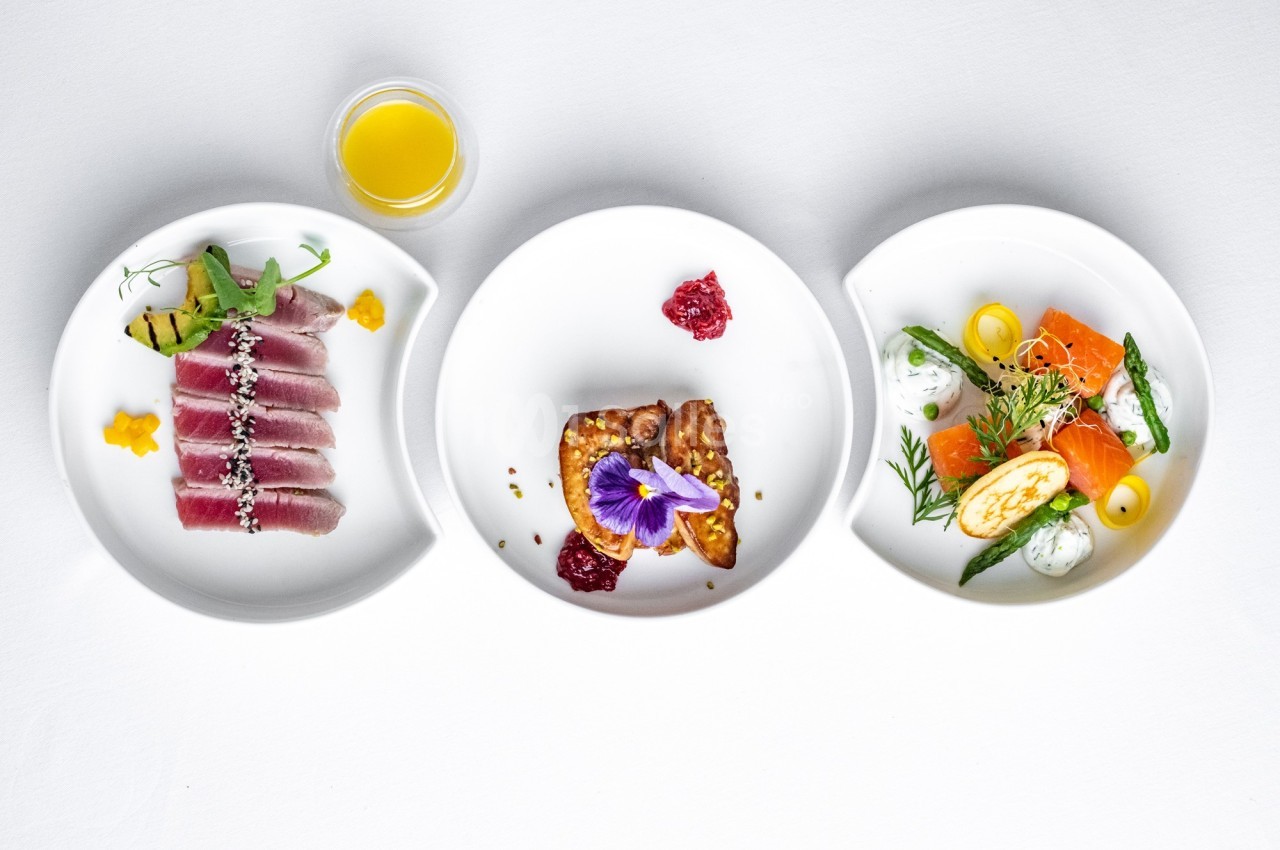 Trois assiettes contenant des plats raffinés : thon, foie gras et saumon, accompagnés de garnitures et sauces.