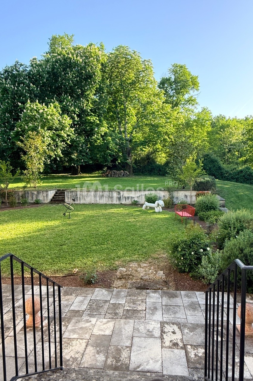 Vue d'un jardin verdoyant avec pelouse, arbres, buissons et une terrasse en pierre au premier plan.
