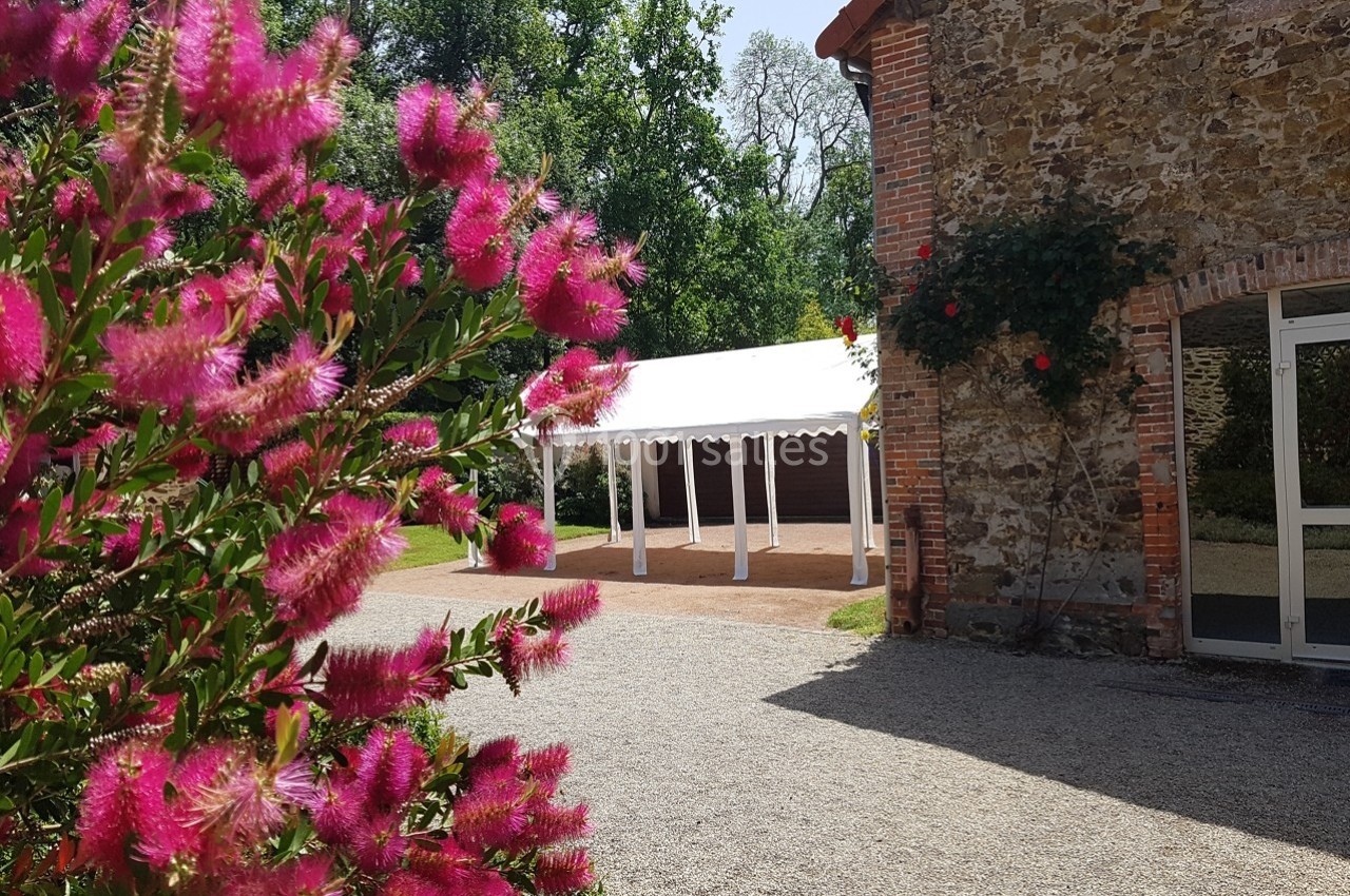 Arbuste fleuri au premier plan, avec une tente blanche et un bâtiment en pierre dans un jardin ensoleillé.