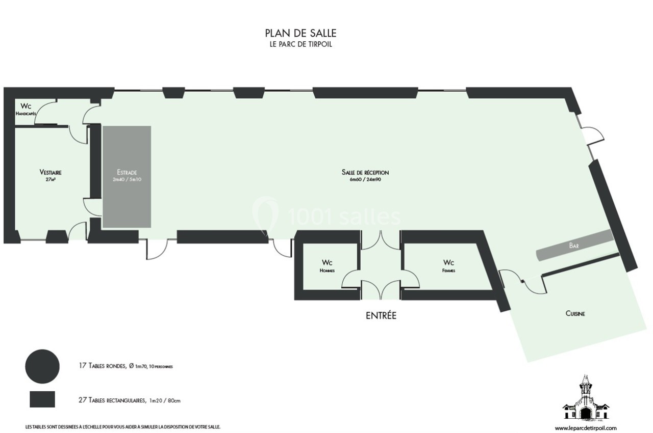 Plan de salle montrant la disposition des espaces : entrée, vestiaire, salle de réception, bar, cuisine et sanitaires.