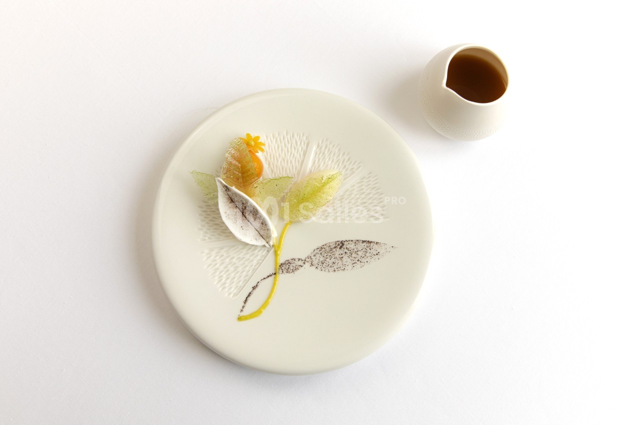 Assiette minimaliste avec une présentation artistique de feuilles comestibles et une petite carafe de sauce à côté.