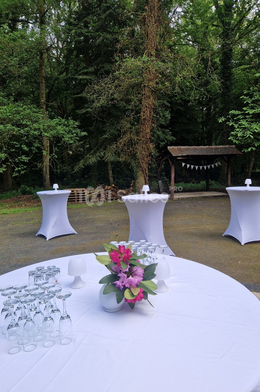 Table ronde dressée avec des verres et un bouquet de fleurs, entourée de mange-debout dans un cadre boisé.