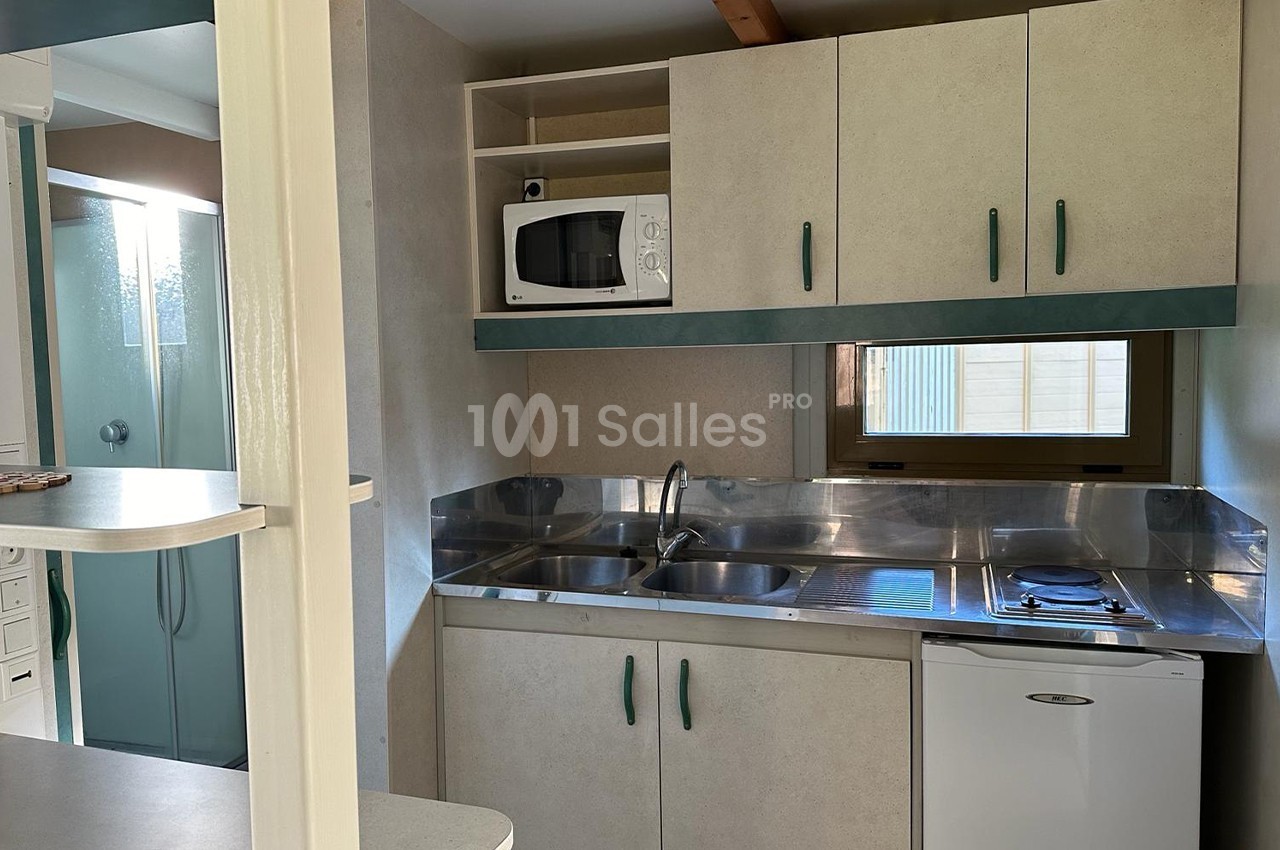 Cuisine compacte avec évier double, micro-ondes, plaques de cuisson, réfrigérateur et rangements, vue sur une salle d'eau.