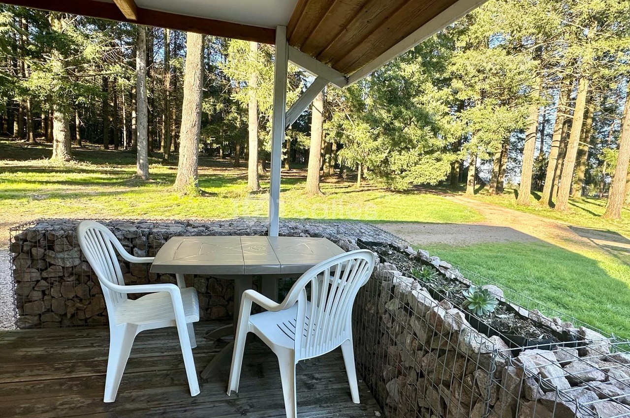 Terrasse en bois avec table et chaises blanches, entourée d'un muret en pierre, donnant sur une forêt ensoleillée.