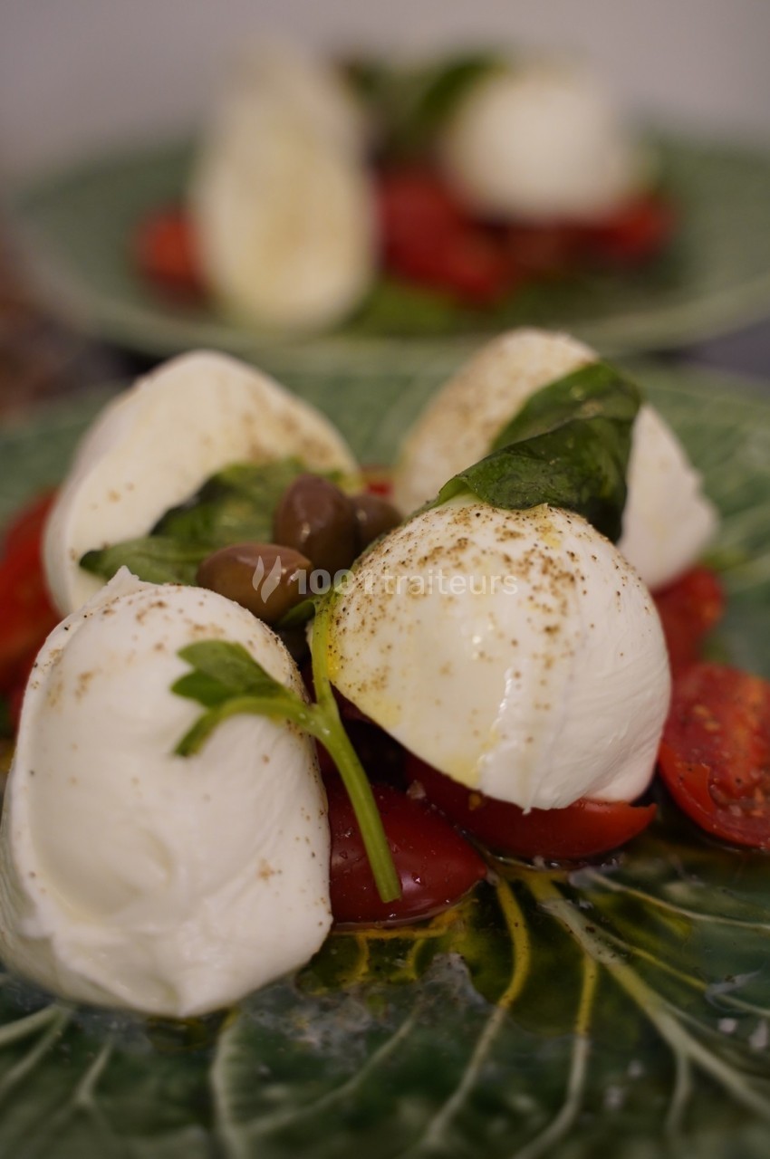 Assiette de salade caprese avec mozzarella, tomates, olives, basilic et assaisonnement sur une feuille verte.
