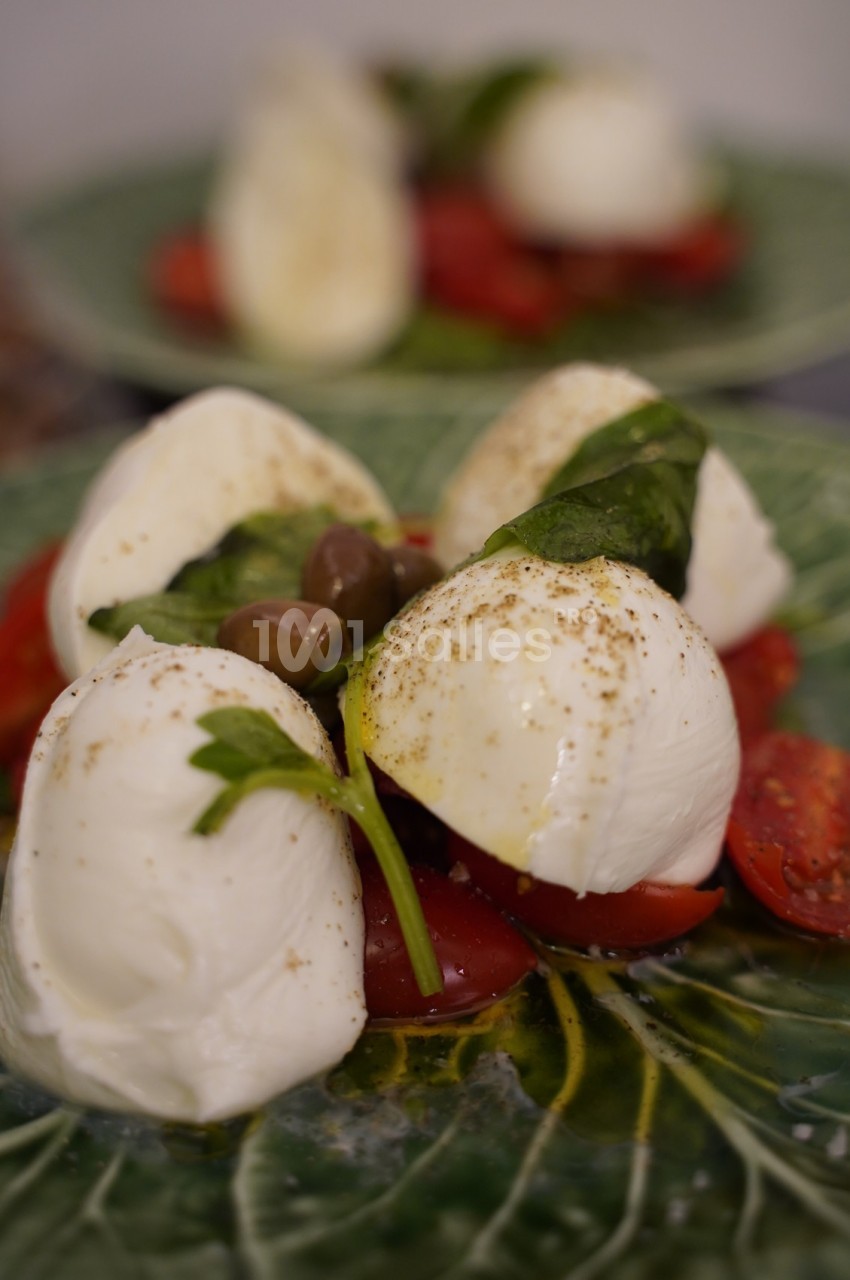 Assiette de salade caprese avec mozzarella, tomates, olives, basilic et assaisonnement, servie sur une feuille décorative.