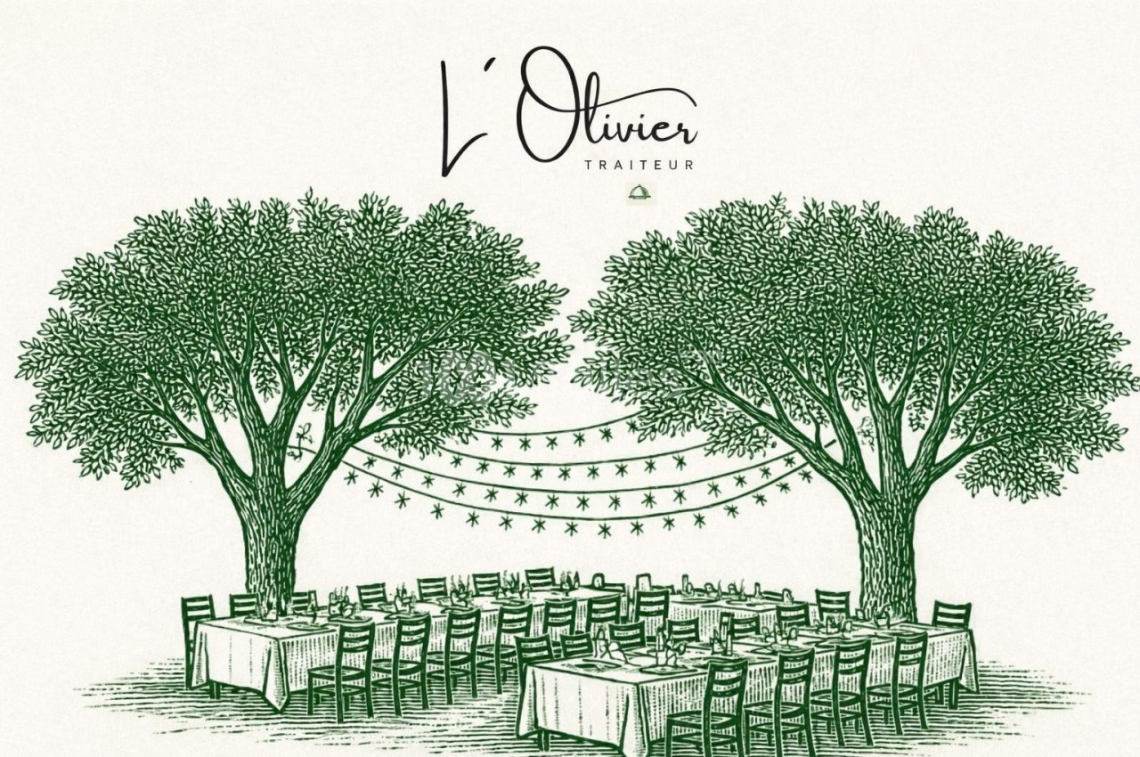 Illustration de deux oliviers entourant des tables et chaises disposées en extérieur, décorées de guirlandes lumineuses.