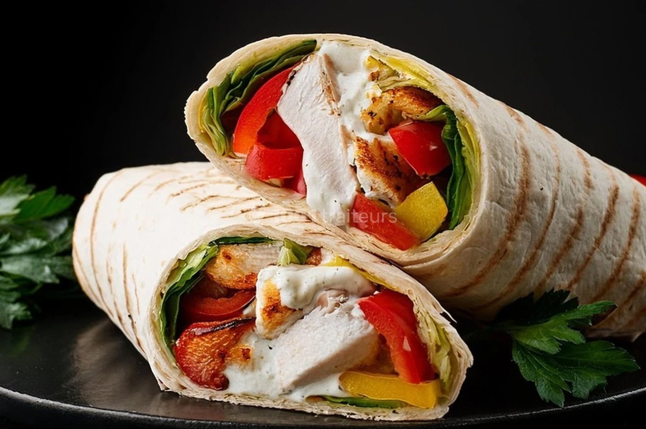 Deux wraps garnis de poulet grillé, légumes frais et sauce blanche, présentés sur un fond sombre.