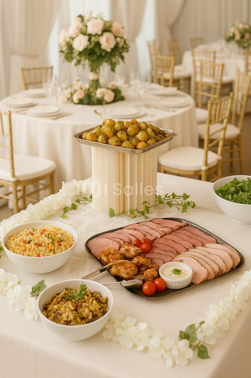 Buffet avec plats variés : viande tranchée, pommes de terre, salade, légumes et décor floral sur une table dressée.