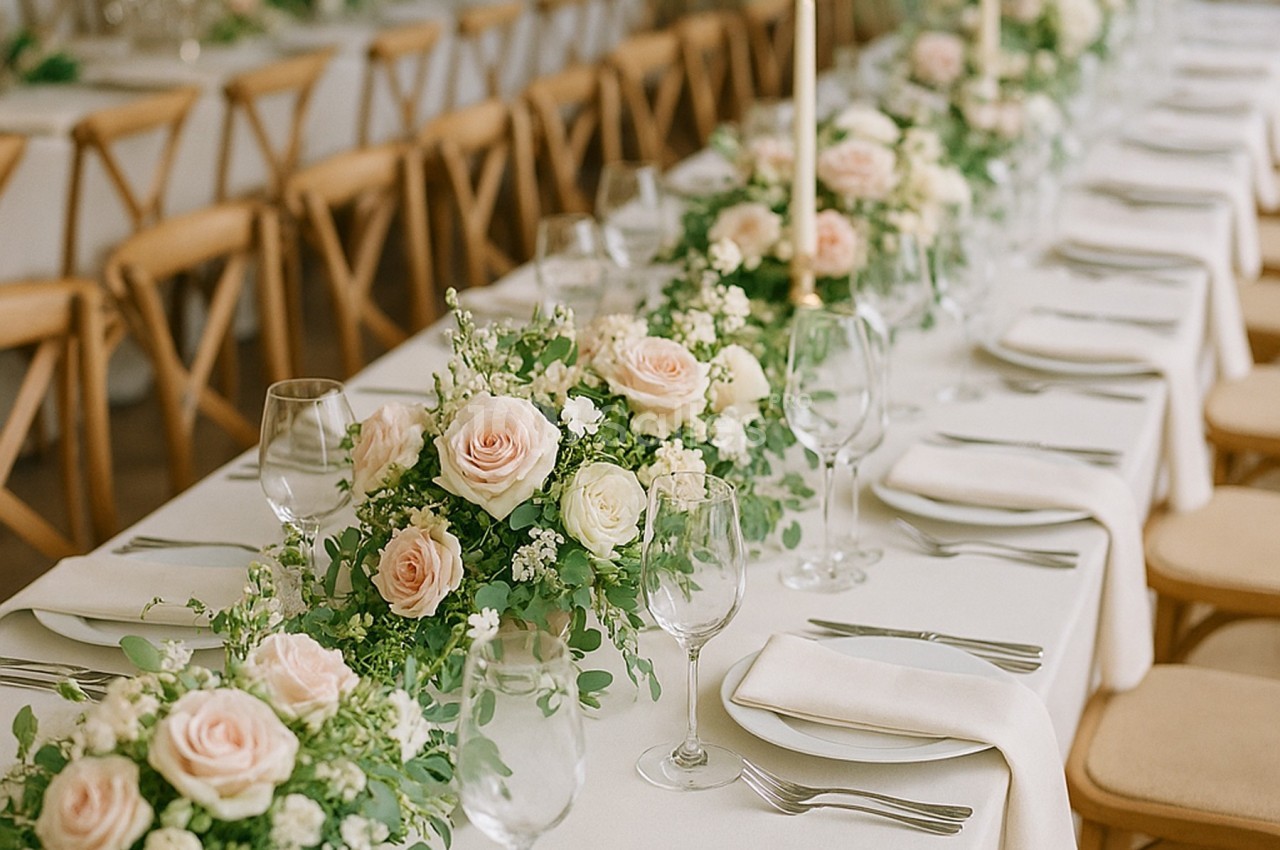 Table de réception décorée de nappes blanches, bouquets de roses pastel, bougies et vaisselle élégante.
