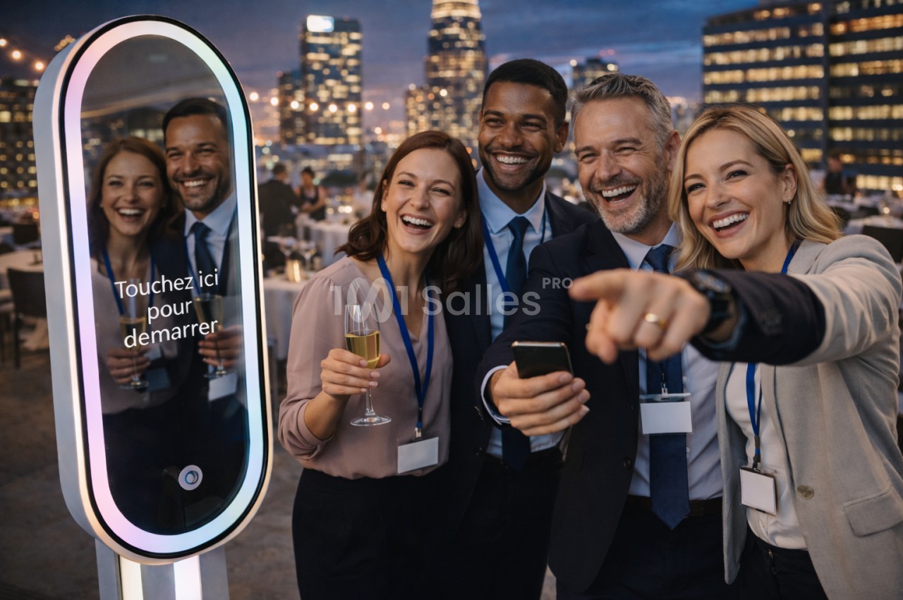 Un groupe de collègues souriants prend une photo devant une borne interactive lors d'un événement en soirée.