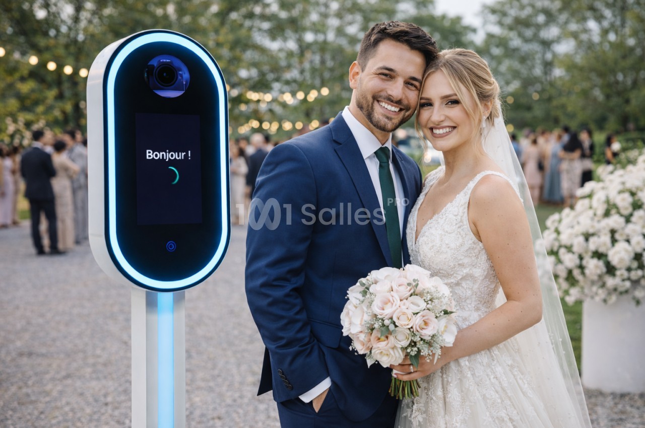 Un couple souriant en tenue de mariage pose à côté d'une borne photo lumineuse dans un cadre extérieur festif.