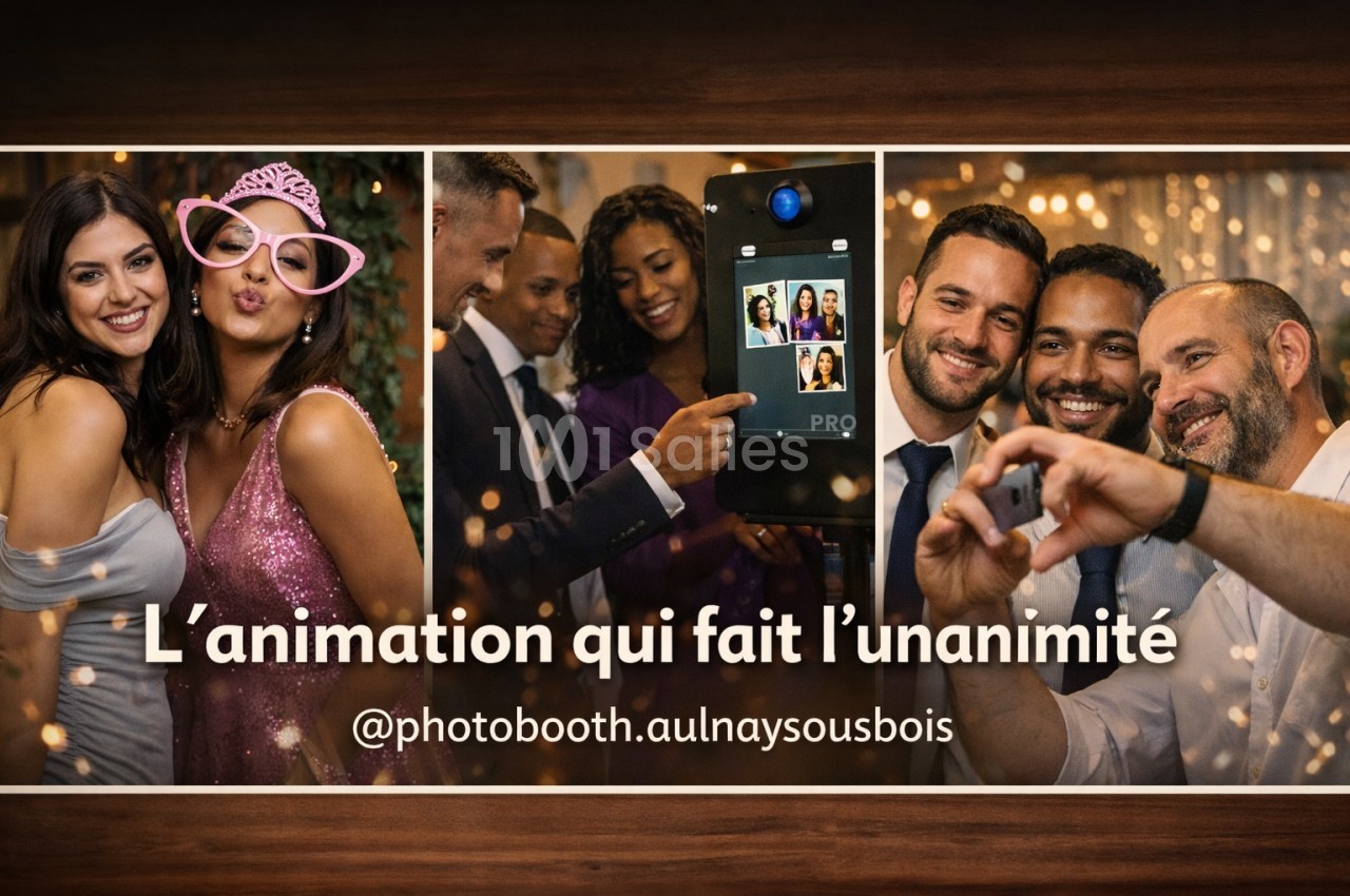 Des personnes souriantes posent devant un photobooth lors d'un événement festif, avec accessoires et ambiance conviviale.