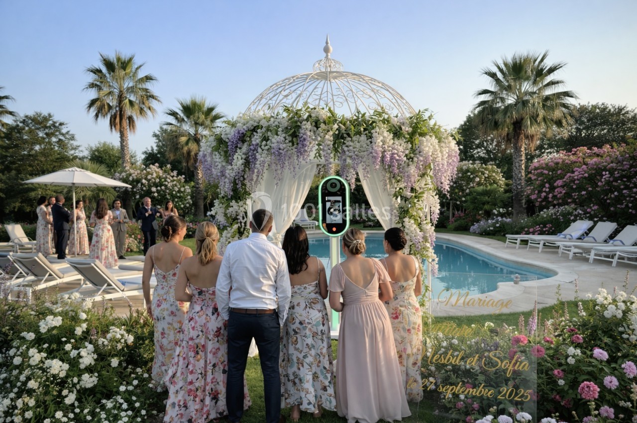 Un groupe de personnes en tenue élégante fait face à une pergola décorée de fleurs près d'une piscine.