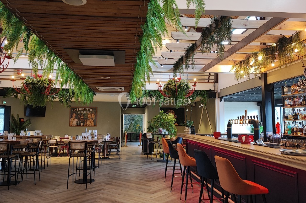 Intérieur d'un restaurant avec bar, tables en bois, chaises colorées et plantes suspendues dans une ambiance lumineuse.