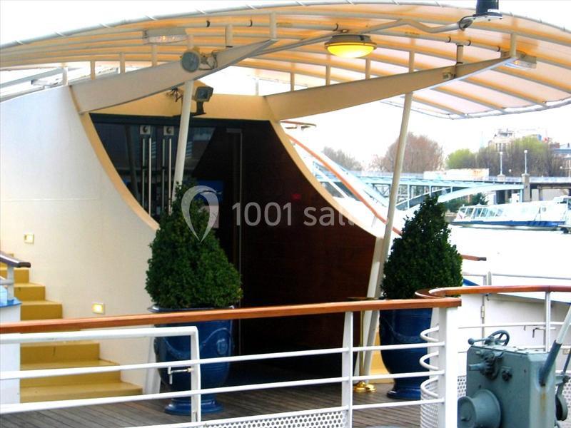 Entrée d'un bateau avec des escaliers jaunes, deux plantes en pot et une rambarde en bois sur le pont.