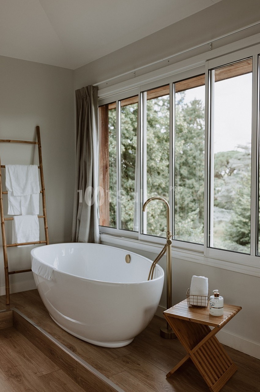 Salle de bain lumineuse avec baignoire blanche, robinet doré, serviettes sur une échelle en bois et vue sur un jardin.