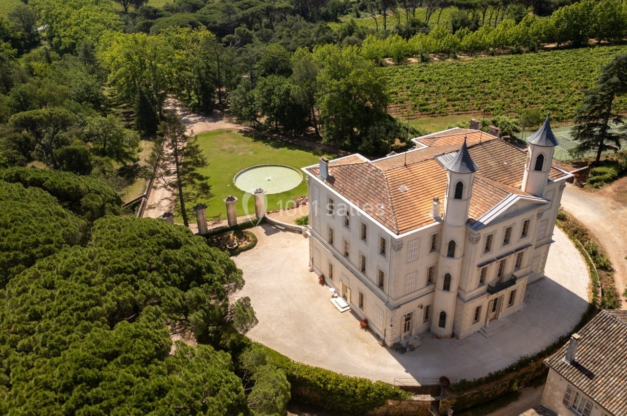 Vue aérienne d'un château entouré de jardins, d'arbres et de vignobles sous un ciel dégagé.