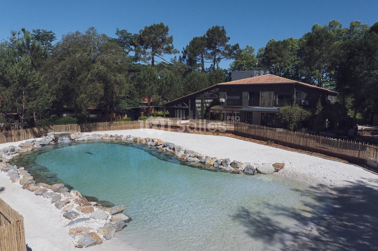 Maison en bois entourée d'arbres, avec un étang artificiel bordé de pierres et une plage de sable.