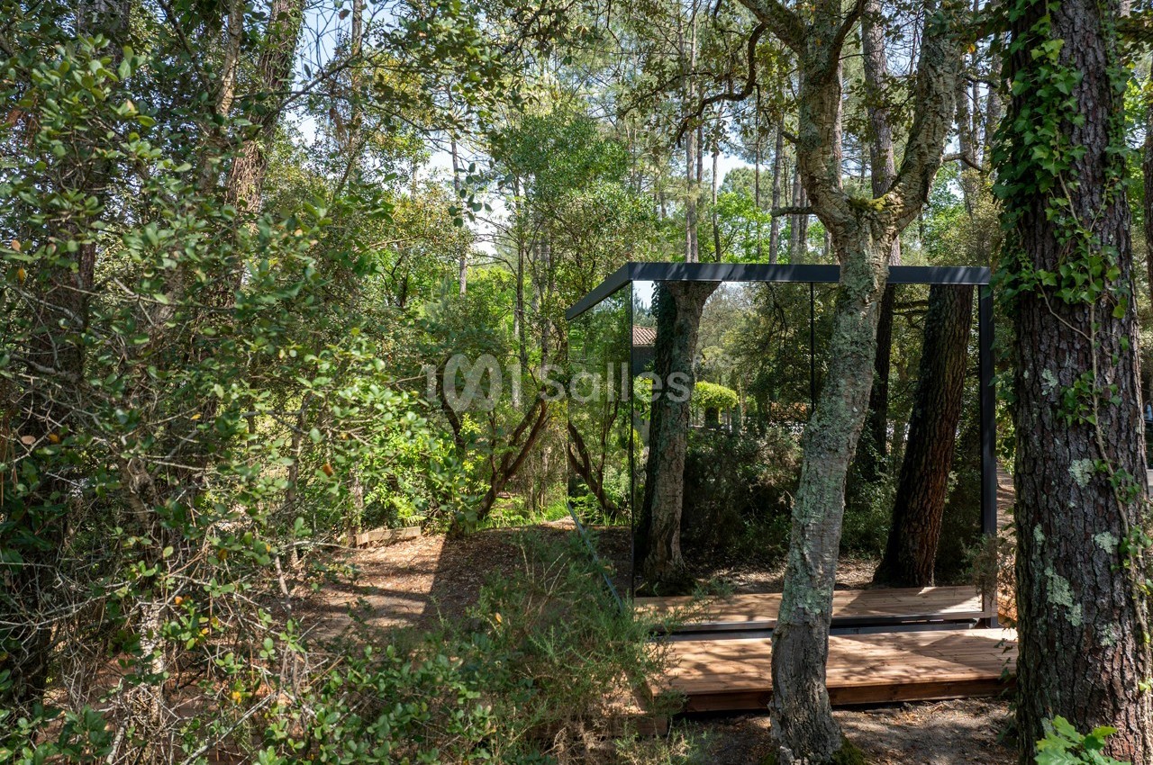 Abri en bois et métal intégré dans une forêt dense, entouré de végétation et d'arbres.