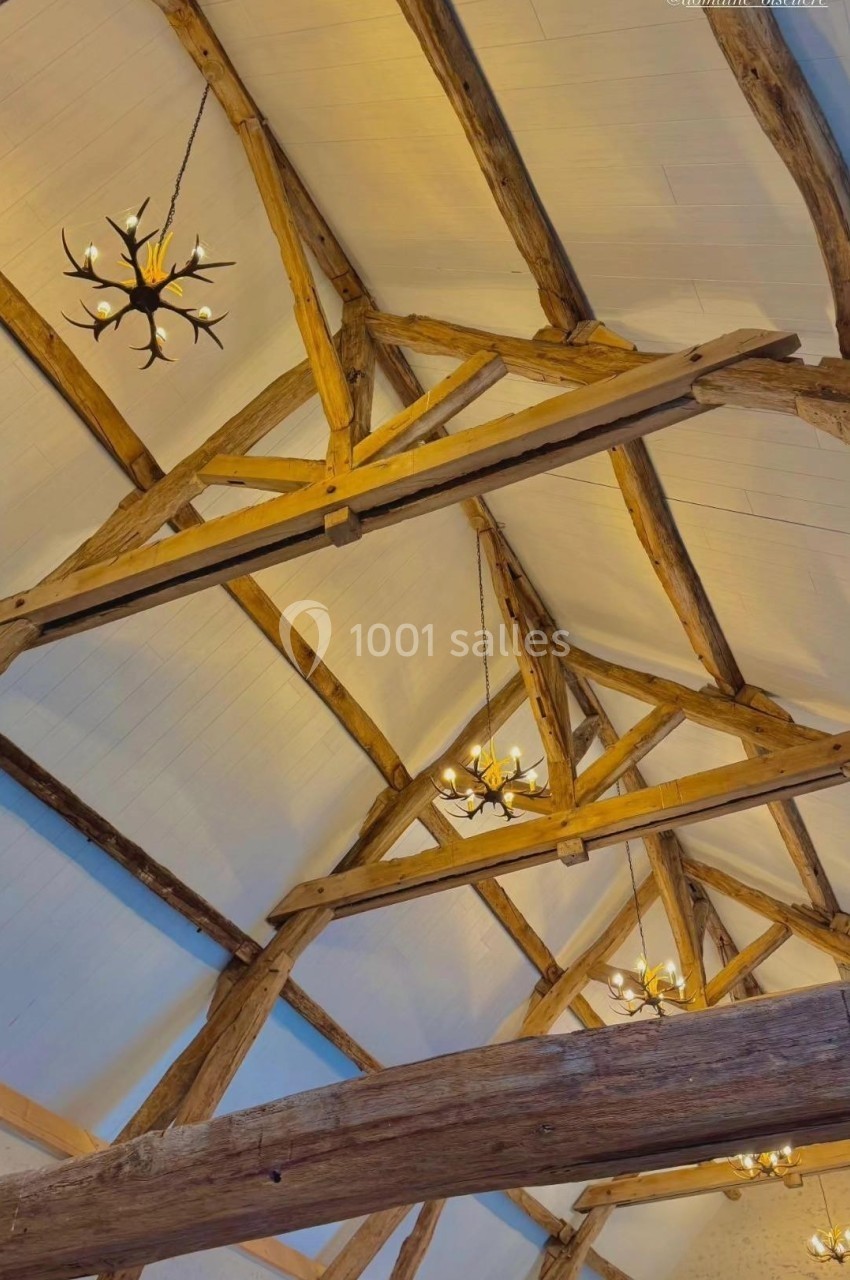 Plafond avec poutres apparentes en bois et lustres en forme de branches, dans une pièce lumineuse.