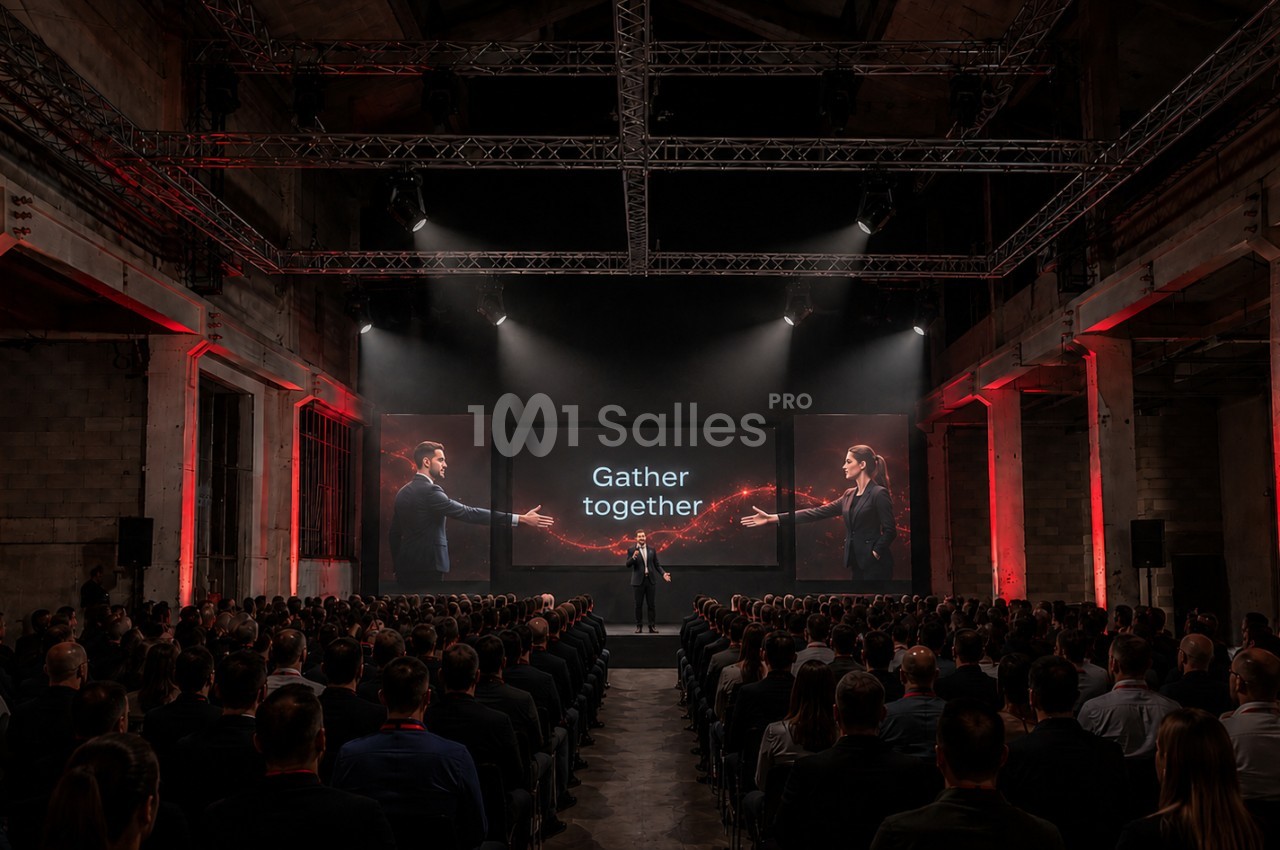 Conférencier s'exprimant sur scène devant un large public dans une salle industrielle éclairée en rouge.