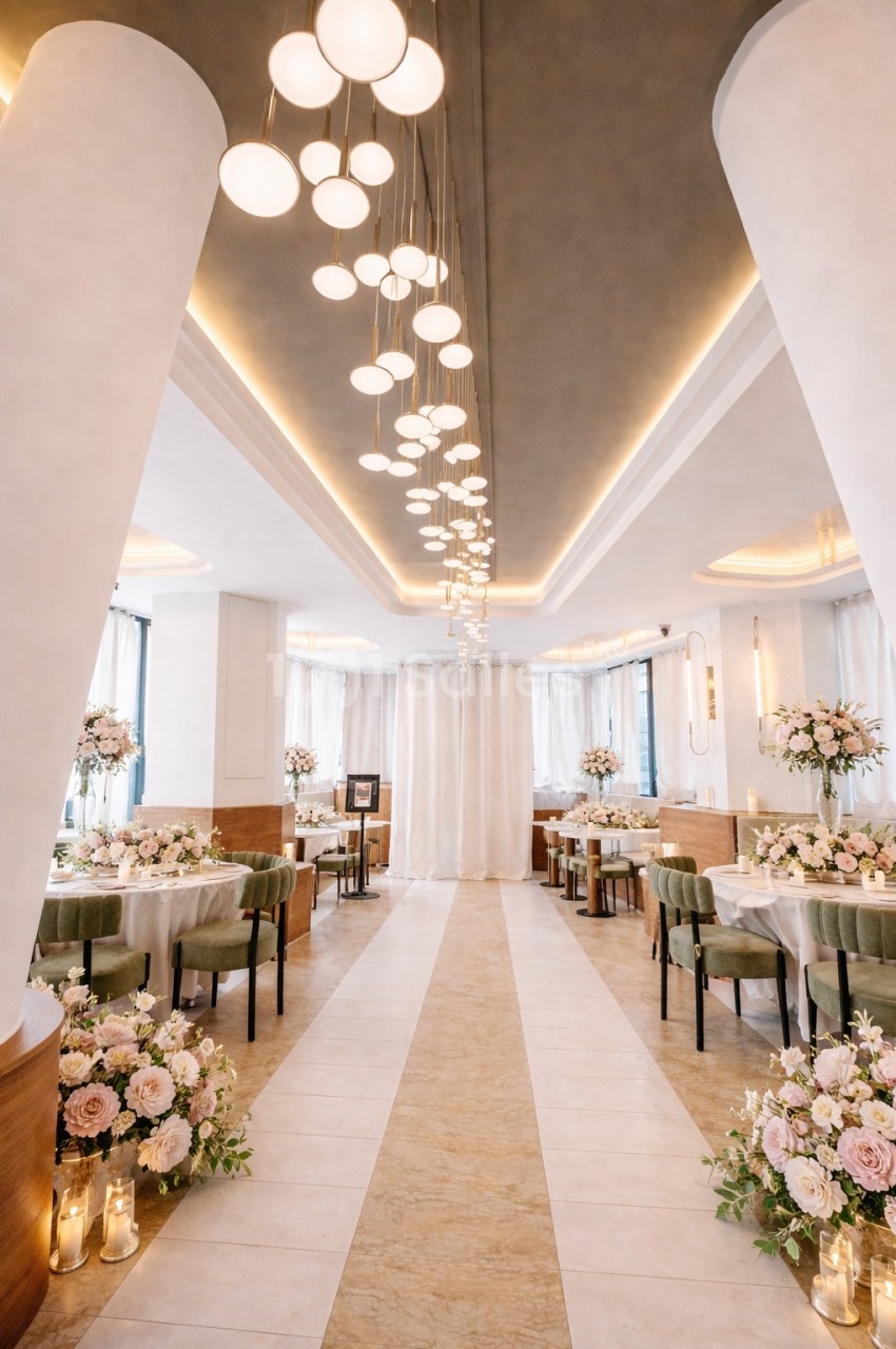 Salle de réception élégante avec tables décorées de fleurs, éclairage suspendu et allée centrale ornée de bouquets.