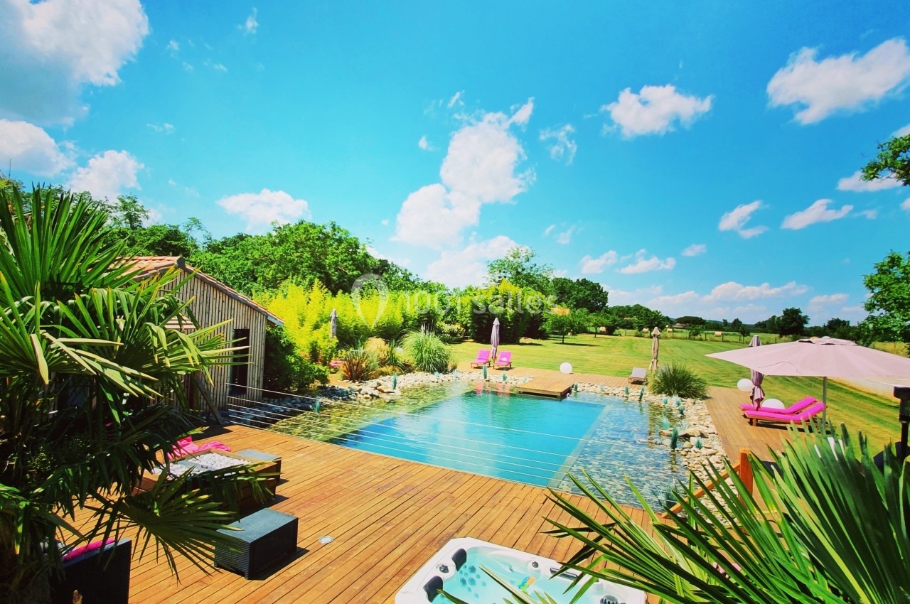Terrasse en bois avec piscine, jacuzzi, palmiers et vue sur un jardin verdoyant sous un ciel bleu.