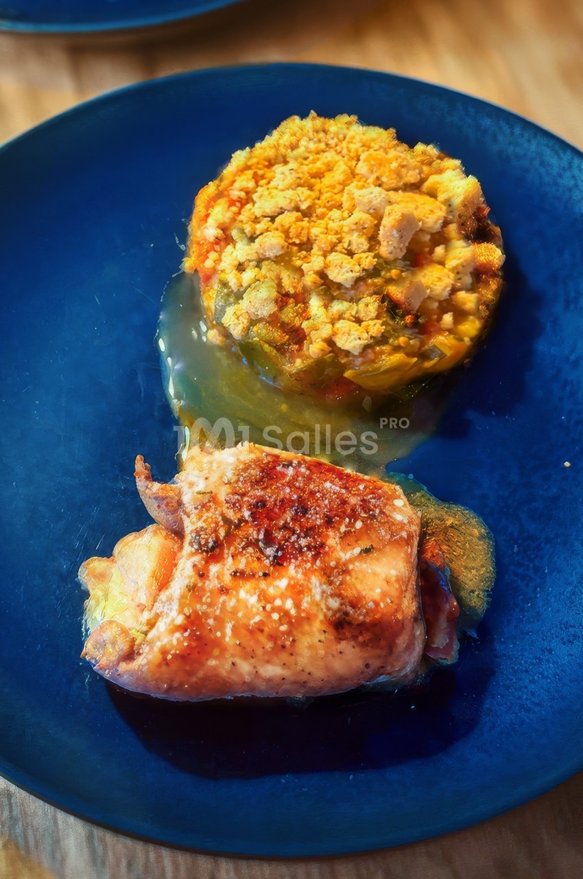 Plat composé d'un morceau de saumon grillé et d'une purée de légumes avec chapelure, servi sur une assiette bleue.